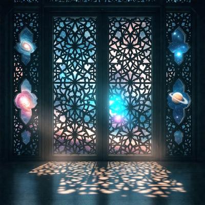 The primary subject of the image is a door with a patterned design, featuring a blue and white color scheme. The door is open, revealing a beautiful view of the sky. The setting is outdoors, with the sky serving as the backdrop for the door. The visual style of the image is a combination of photo and digital art, creating a unique and artistic representation of the door and its surroundings. The colors and mood of the image are serene and calming, with the blue and white tones ev